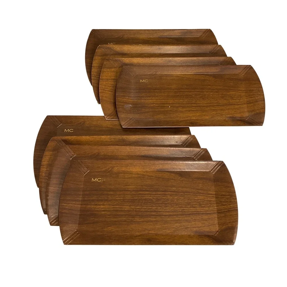 Vtg Haskelite Lap Trays Set 8 Mid Century Faux Wood Grain Lithograph 1940s MCM